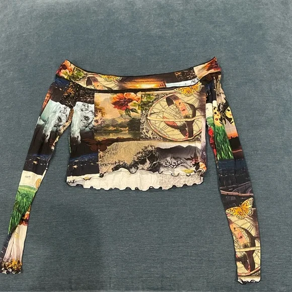 Alice + Olivia Multicolor Floral Patchwork Off-Shoulder Crop Top - Picture 5 of 6